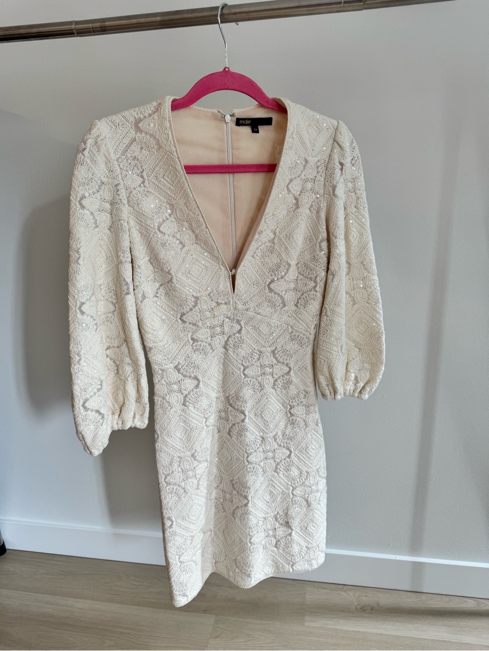 Cream Lace Puff-Sleeve V-Neck Mini Dress